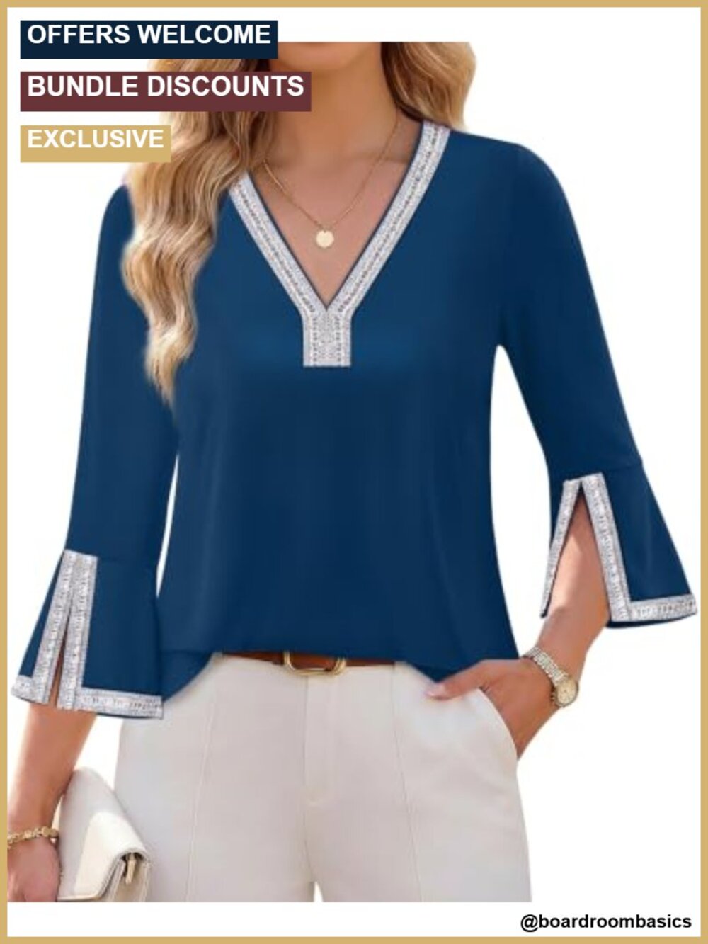 Womens 3/4 Sleeve Tunic Top Sparkly Trim V-Neck Loose Fit Blouse